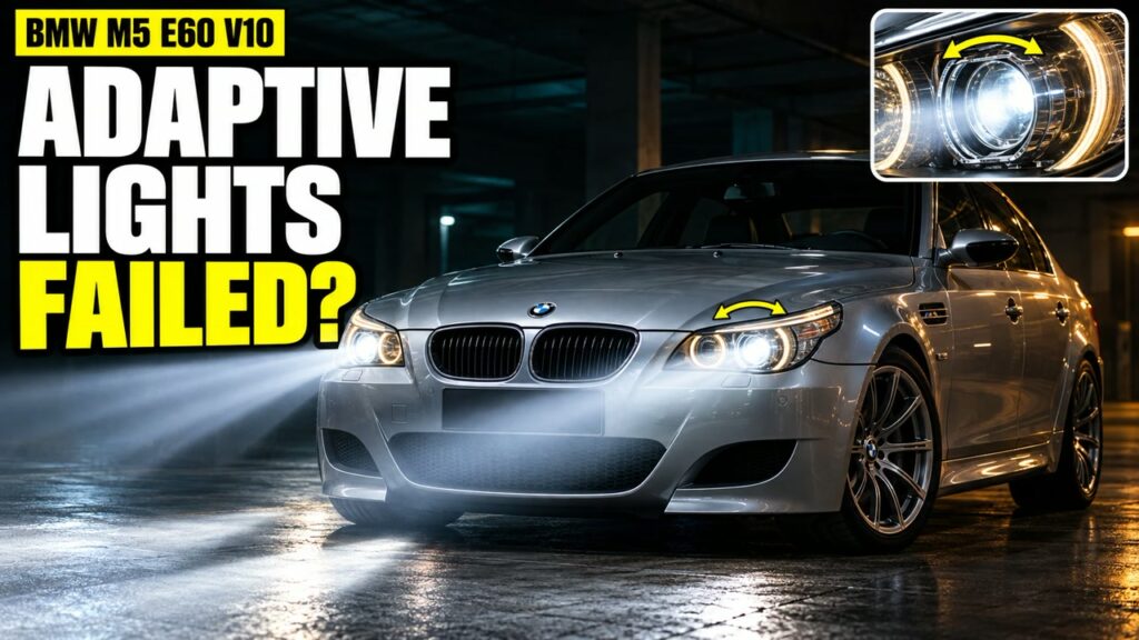 Silver BMW M5 E60 with adaptive xenon headlights on, text: Adaptive lights failed?