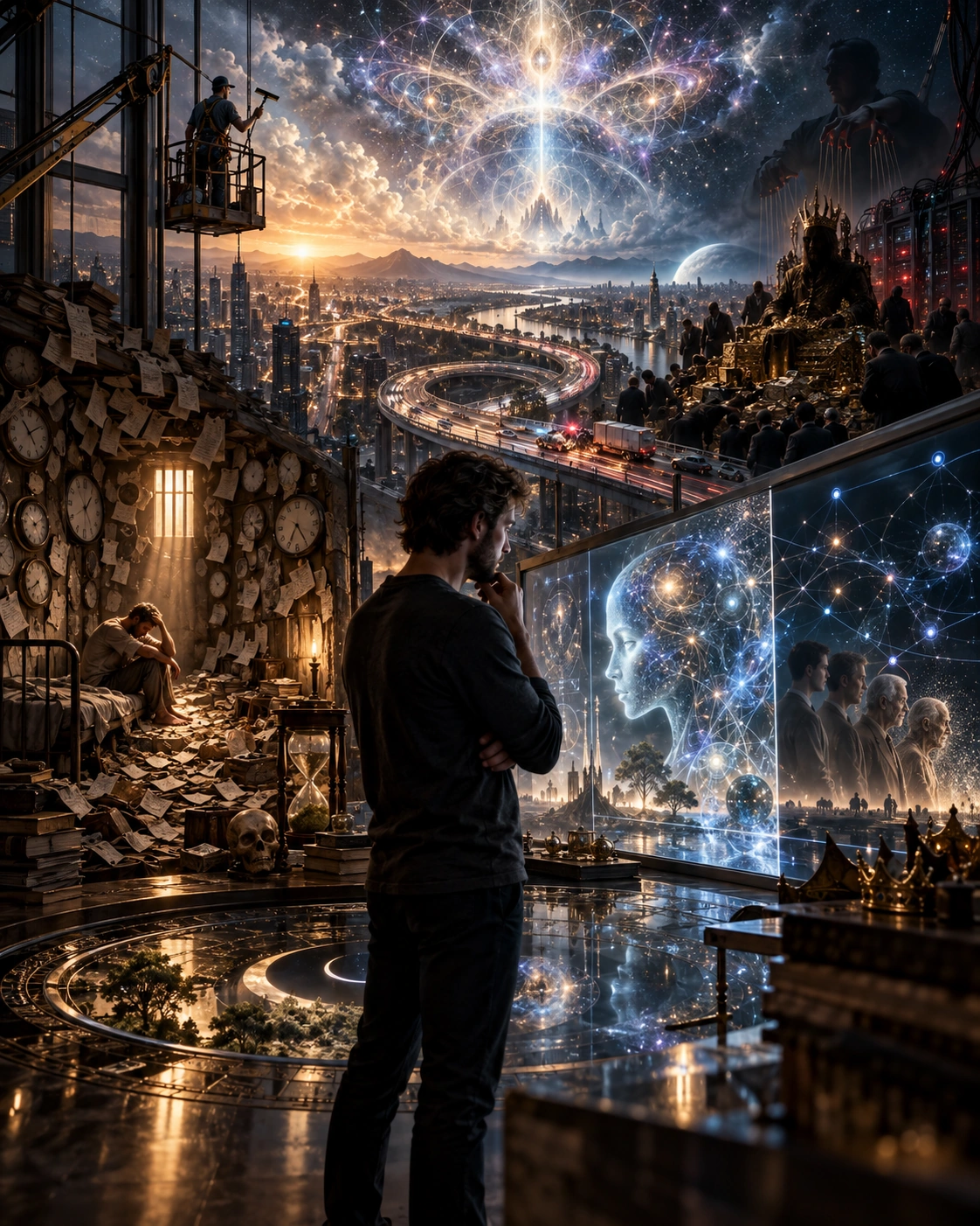 A contemplative figure faces a cosmic AI display amid clocks, an aging sequence, a window washer, and a shadowy figure holding puppet strings.