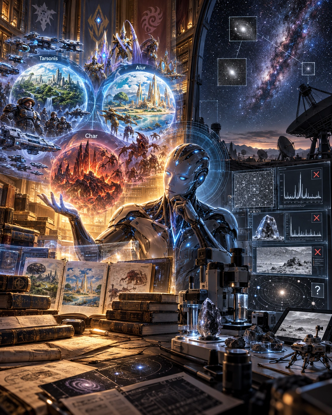 An AI observer holds imagined StarCraft worlds labeled Tarsonis, Aiur, and Char beside telescopes, a star-filled sky, and scientific displays.