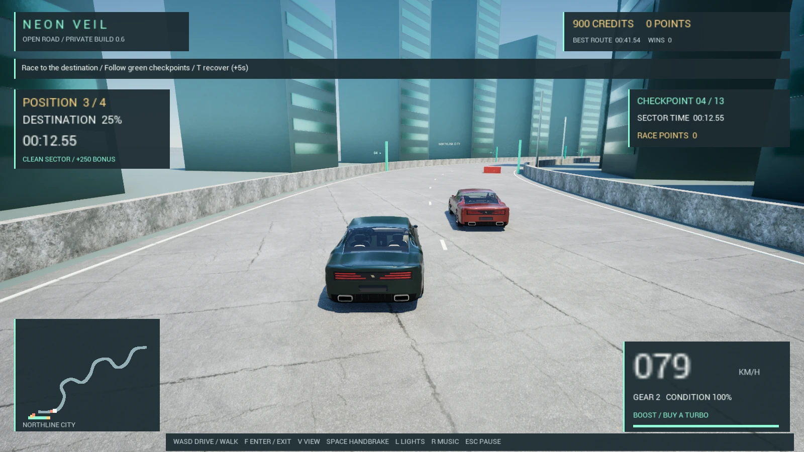 Actual development gameplay: the green Auvren races a red rival through Northline in daylight