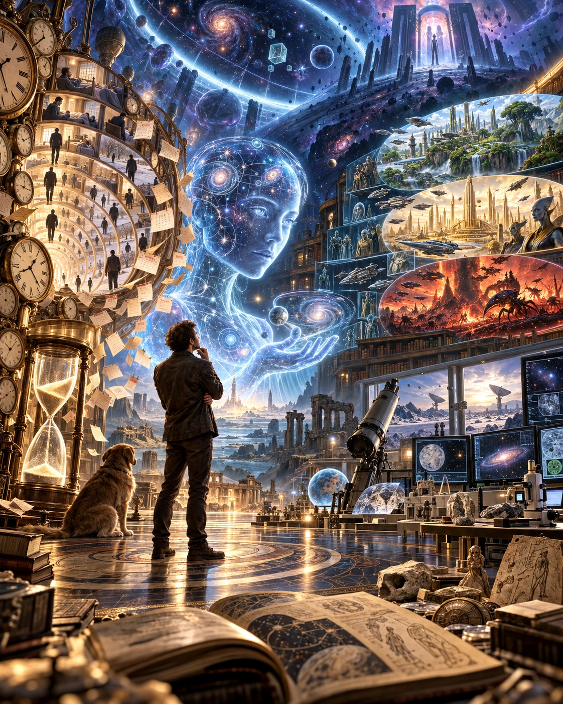 A person and a dog stand in a vast cosmic library surrounded by clocks, galaxies, imagined worlds, and a luminous AI face.